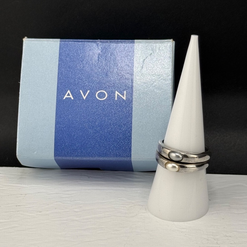Vintage Avon Pearlesque Ring Duo Silver Sterling Faux Pearl Stackable 8